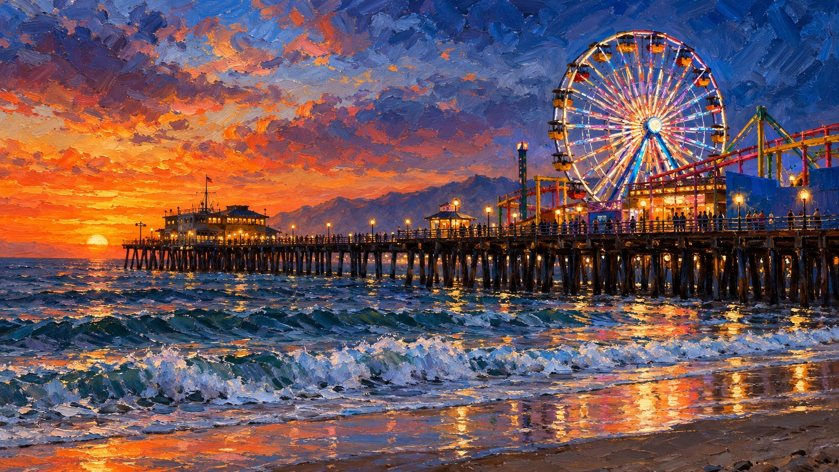 Illustration of the Santa Monica Pier and Pacific Wheel at dusk